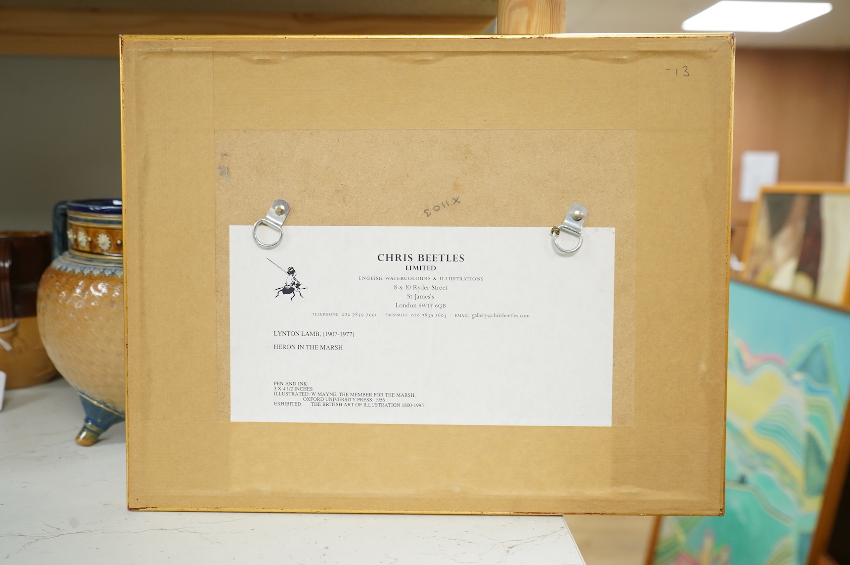 Lynton Lamb RDI, FSRA, FSIA (1907-1977), ‘Heron in the Marsh, pen and ink, unsigned, ex. Chris Beetles, label verso, 7.5 x 11cm